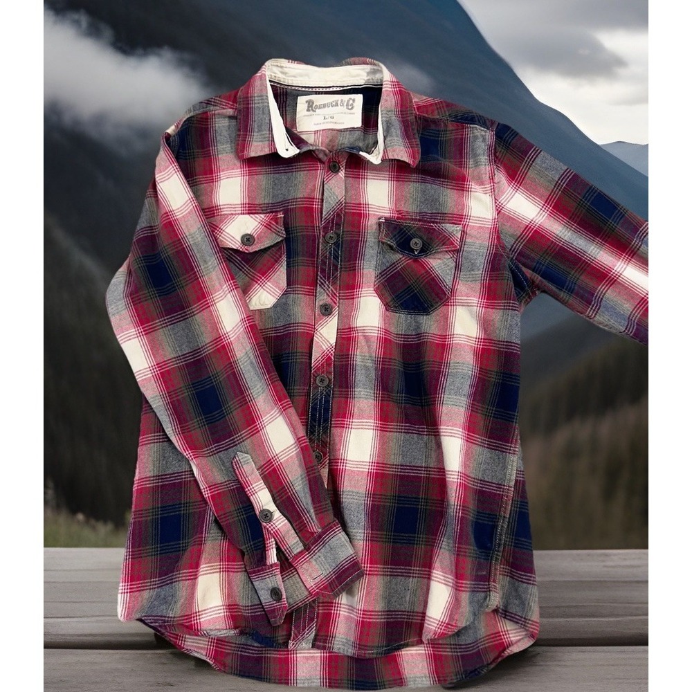 Plaid Design Mens Red Roebuck & Co Flannel Shirt Long Sleeve Pockets Size L